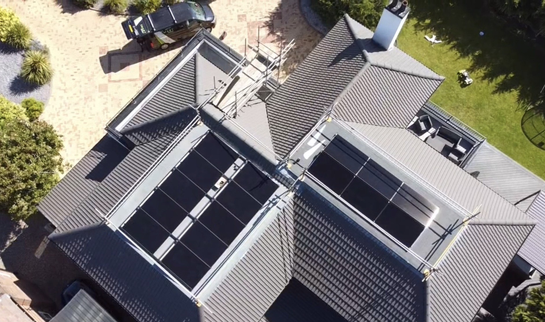 Drone view of 16 solar panels installed on a large Lytham roof with an Esdec mounting system